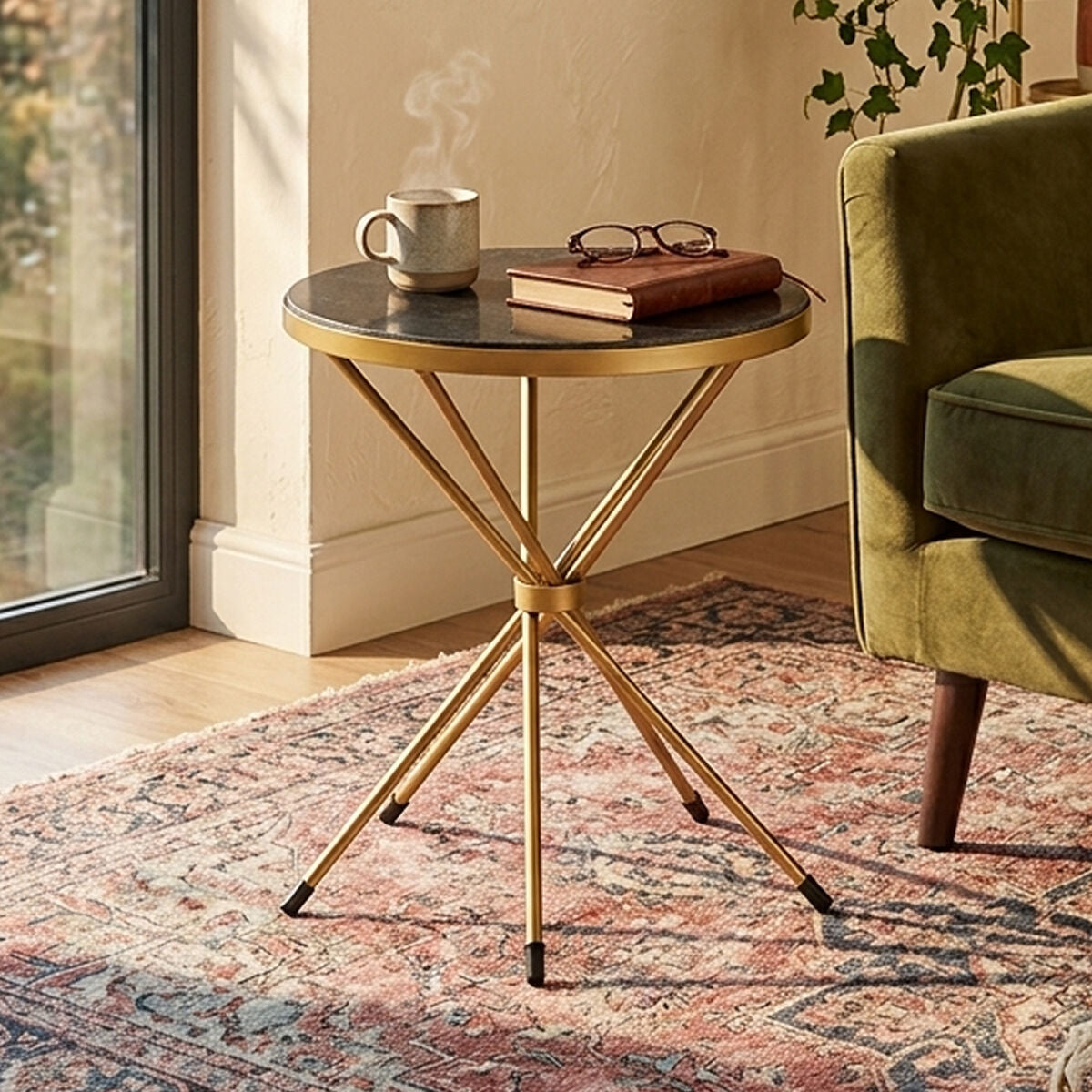 Black Marble Top Round Side Table with Warm Gold Intersecting Stainless Steel Legs | Templar