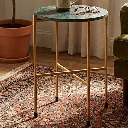 Large Green Marble Top Round Side Table with Warm Gold Stainless Steel Base | Templar