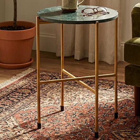 Large Green Marble Top Round Side Table with Warm Gold Stainless Steel Base | Templar