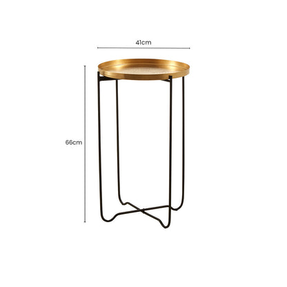 Gold Finish Round Top Side Table with Black Slim Metallic Frame and Intersecting Sledge Base | Templar