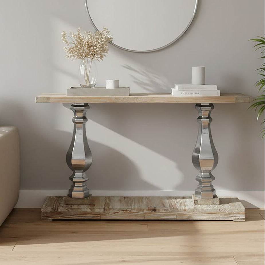 Brown Whitewash Pine Wooden Console Table with Carved Silver Pillar Columns and Brown Wooden Base | Richmond