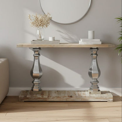 Brown Whitewash Pine Wooden Console Table with Carved Silver Pillar Columns and Brown Wooden Base | Richmond