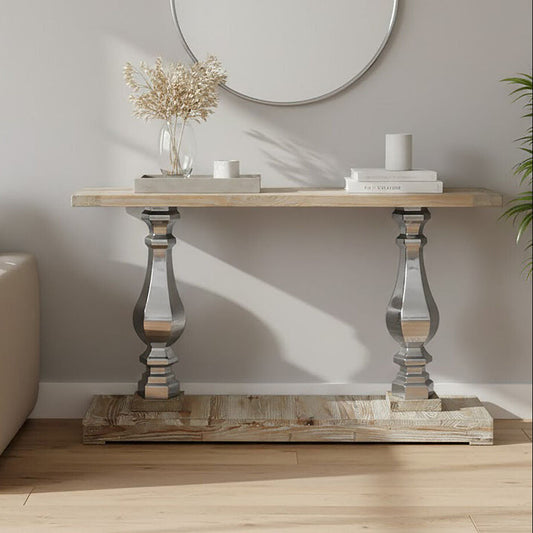 Brown Whitewash Pine Wooden Console Table with Carved Silver Pillar Columns and Brown Wooden Base | Richmond