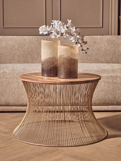 Gold Wooden Top Coffee Table with Metallic Hourglass Frame | Templar