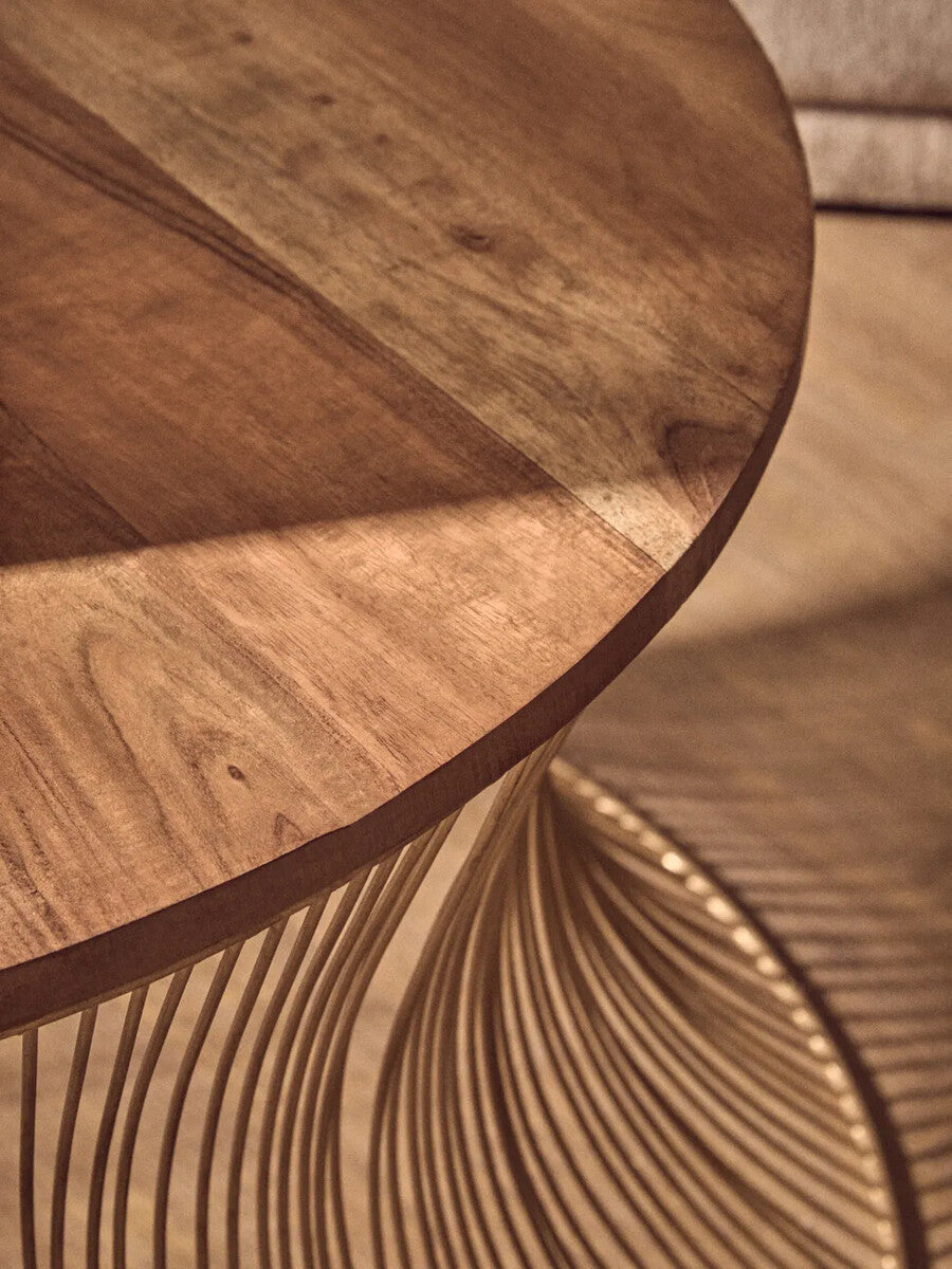 Gold Wooden Top Coffee Table with Metallic Hourglass Frame | Templar