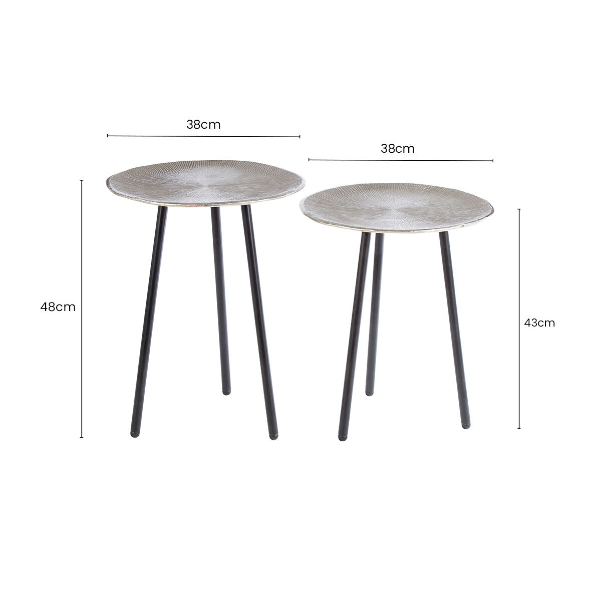 Set of Two Textured Nickel Round Side Tables with Distressed Aluminium Tops and Black Iron Legs | Templar