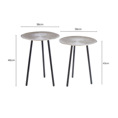 Set of Two Textured Nickel Round Side Tables with Distressed Aluminium Tops and Black Iron Legs | Templar
