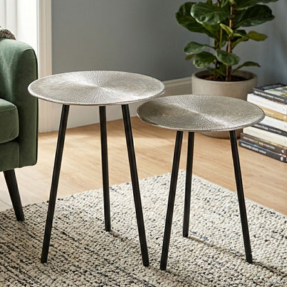 Set of Two Textured Nickel Round Side Tables with Distressed Aluminium Tops and Black Iron Legs | Templar
