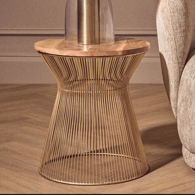 Natural Wood Top Small Coffee Table with Gold Open Wire Hourglass Design Base | Templar