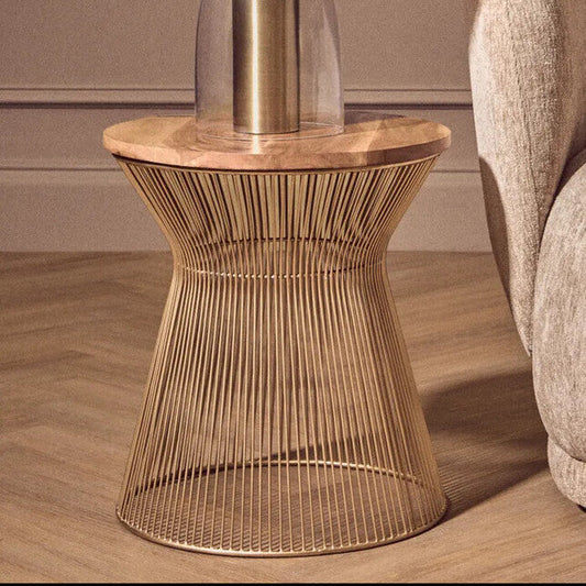 Natural Wood Top Small Coffee Table with Gold Open Wire Hourglass Design Base | Templar