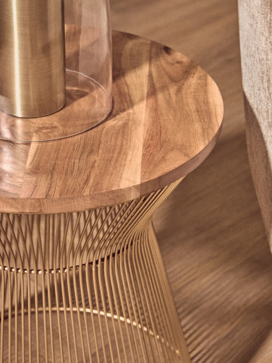 Natural Wood Top Small Coffee Table with Gold Open Wire Hourglass Design Base | Templar