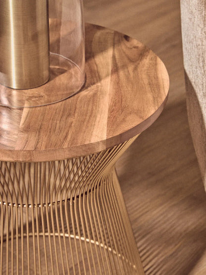 Natural Wood Top Small Coffee Table with Gold Open Wire Hourglass Design Base | Templar