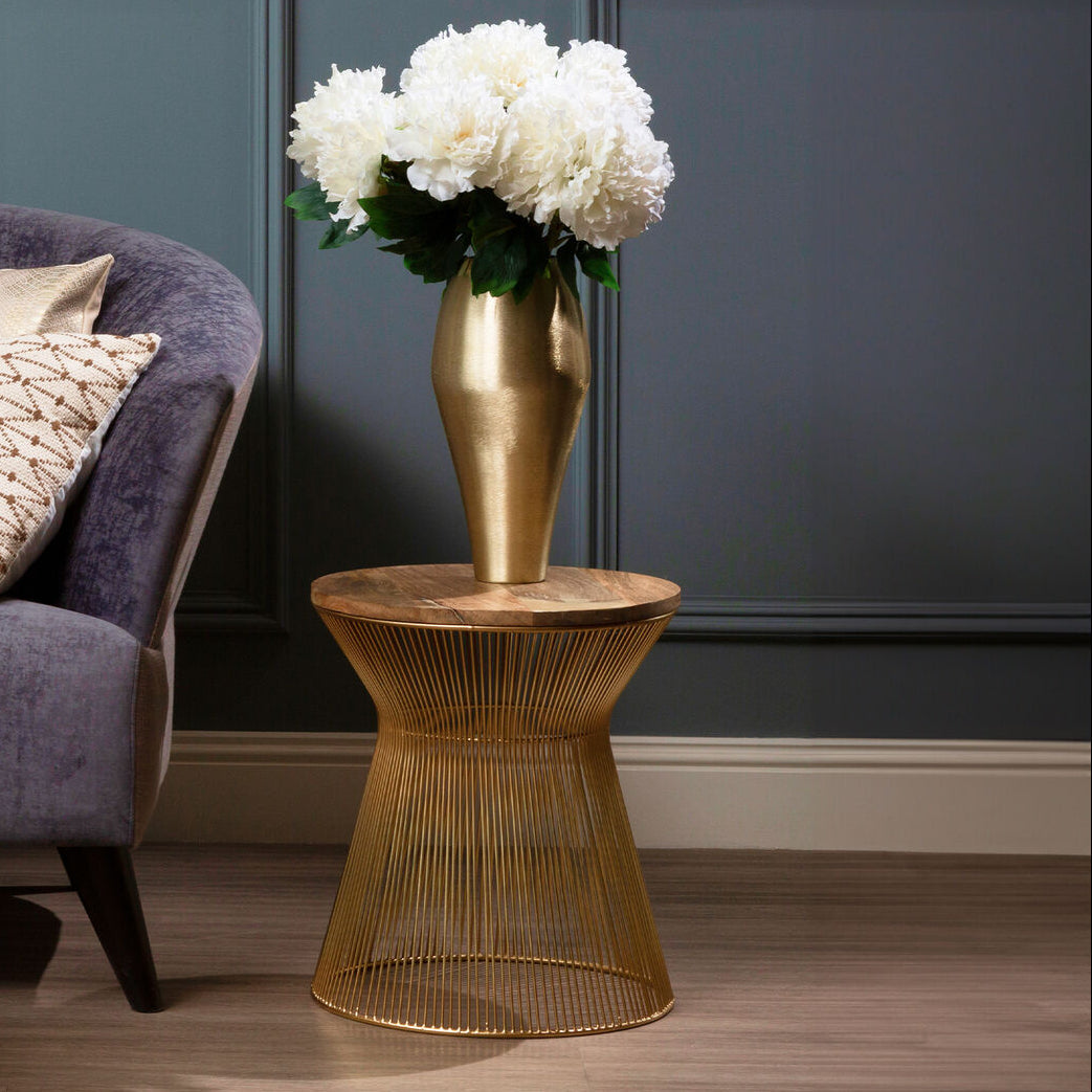 Natural Wood Top Small Coffee Table with Gold Open Wire Hourglass Design Base | Templar