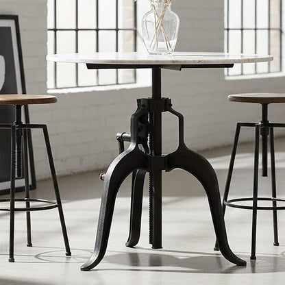 White Marble Top Small Bar Table with Black Iron Cabriole Legs and Crank Mechanism | Vasco