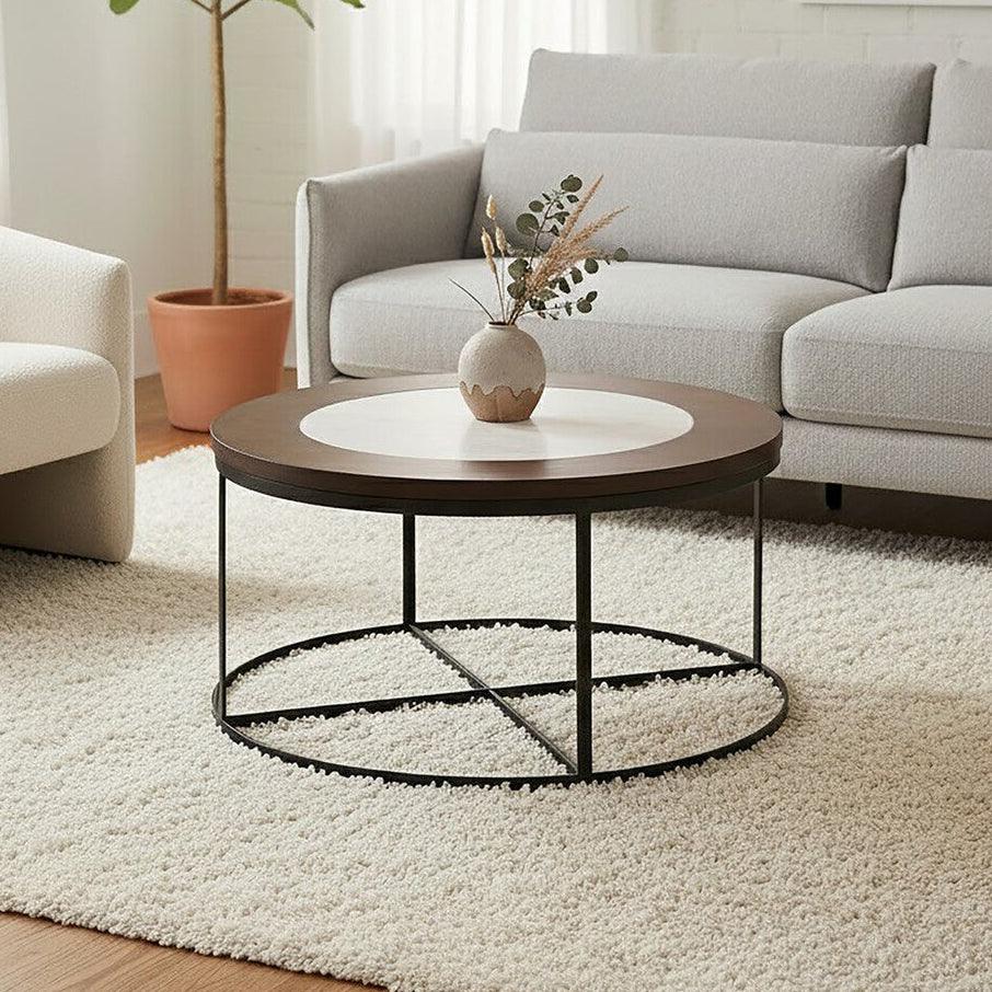 Vasco Wood and Marble Top Coffee Table with Black Iron Base