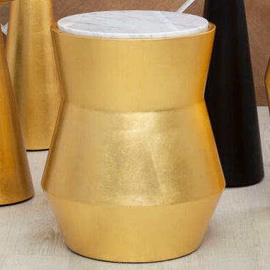 Small Gold Drum Wood Side Table with White Marble Top | Lino
