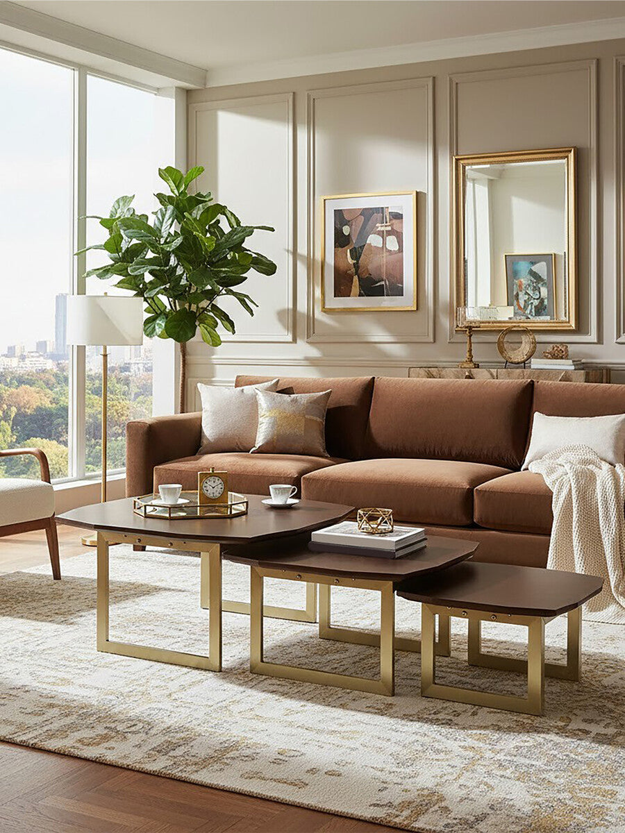 Set of 3 Brown Walnut Wood Nesting Side Tables with Gold Finish Metal Legs | Villi