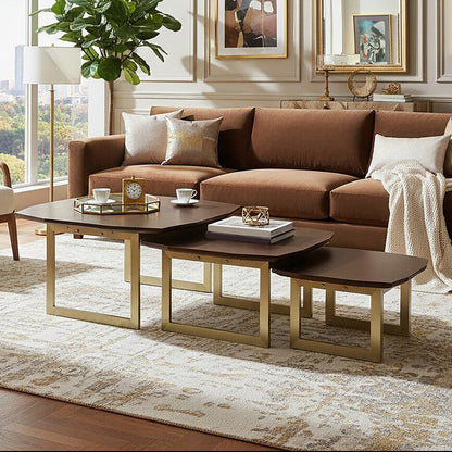 Set of 3 Brown Walnut Wood Nesting Side Tables with Gold Finish Metal Legs | Villi