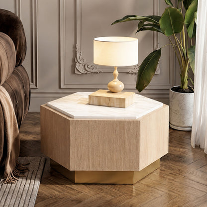 White Marble Top Hexagonal Small Side Table with Whitewash Oak Body and Gold Finish Base | Villi
