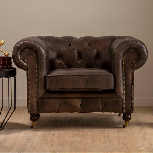 Victor Dark Grey Brown Leather Chesterfield Chair