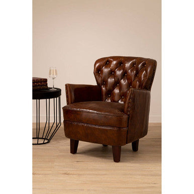 Victor Brown Leather Armchair with Button Tufted Back