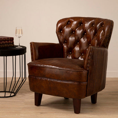 Victor Brown Leather Armchair with Button Tufted Back