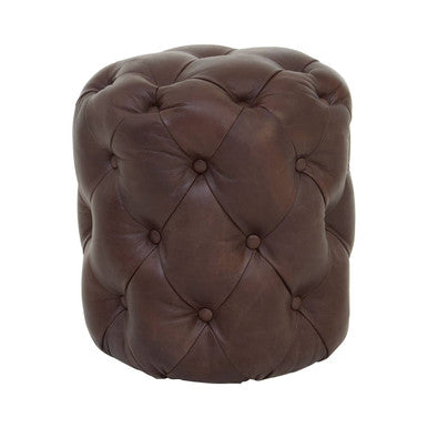 Victor Button Tufted Brown Leather Stool