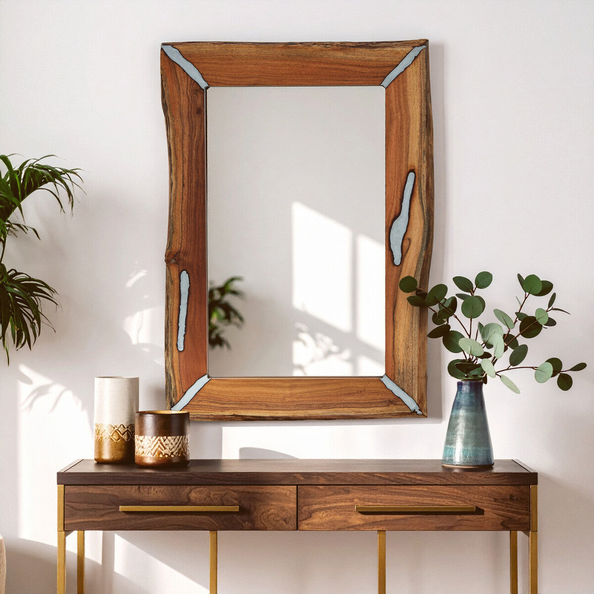 Almora Natural Acacia Wood Wall Mirror with Silver Aluminium Inlay