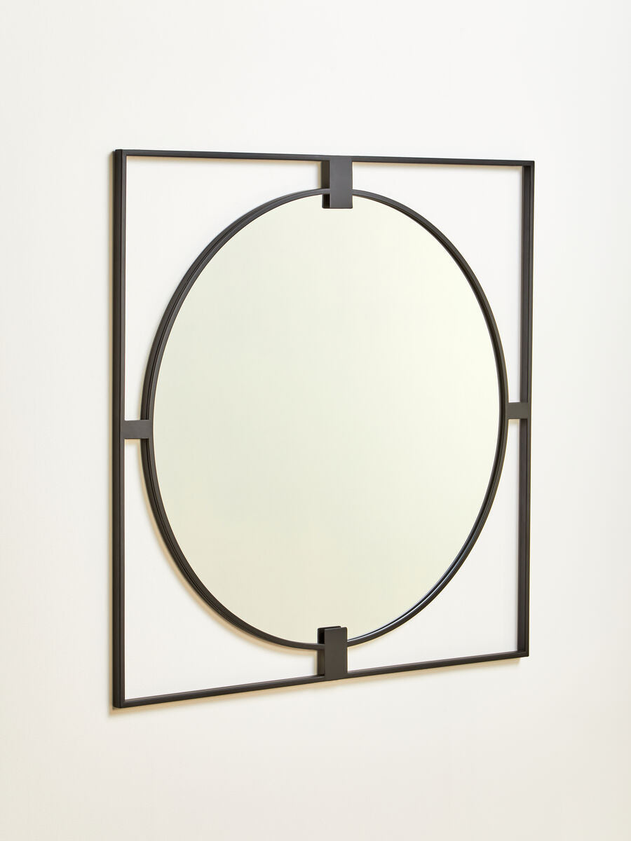 Large Square Black Metal Frame Round Insert Wall Mirror | Trento