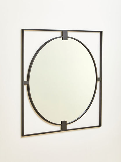 Large Square Black Metal Frame Round Insert Wall Mirror | Trento