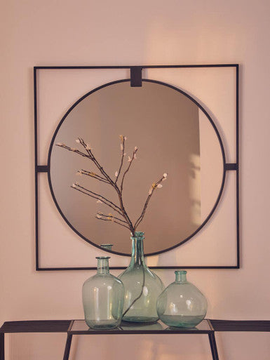 Trento Large Square Black Metal Frame Round Insert Wall Mirror