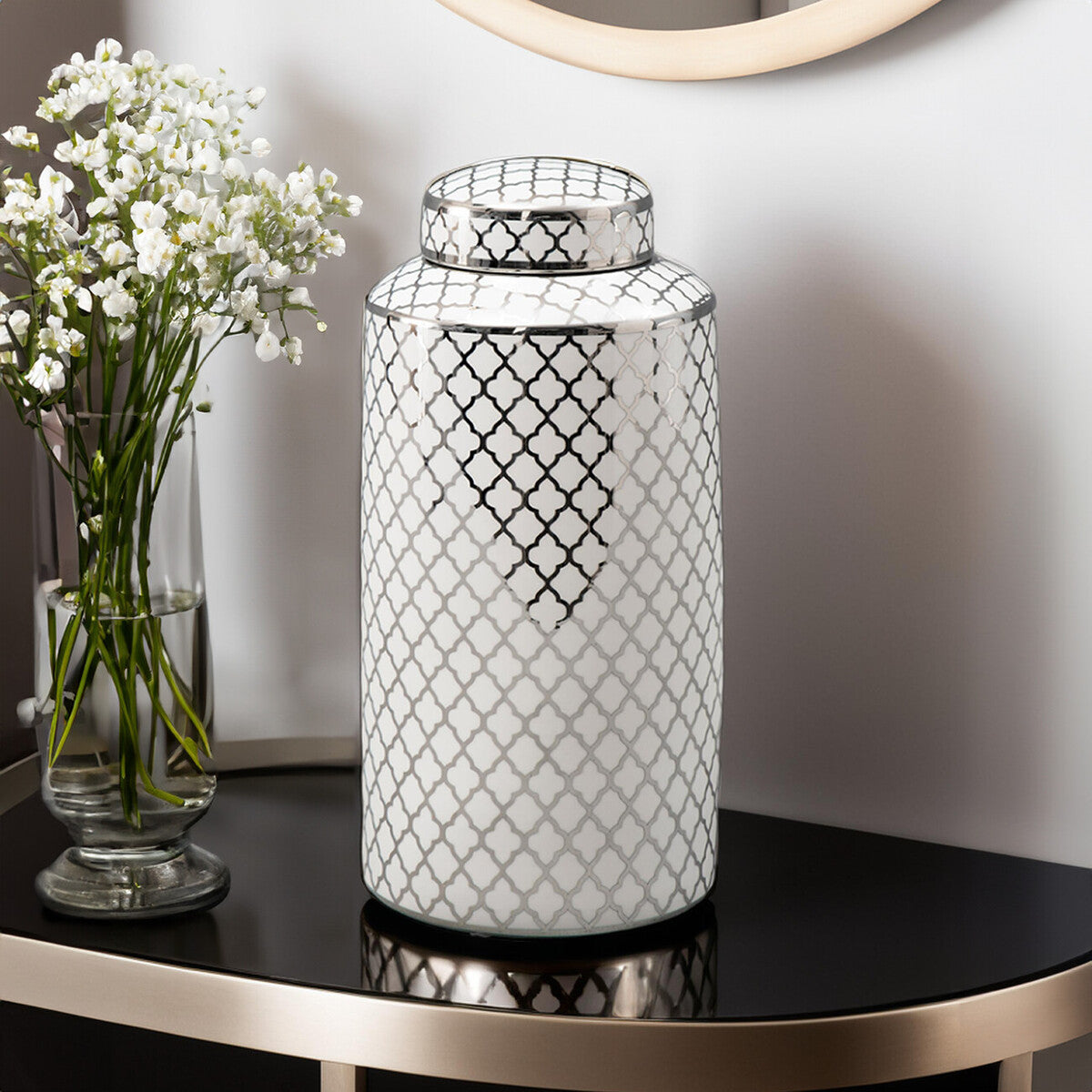 Renne White and Silver Large Ceramic Jar