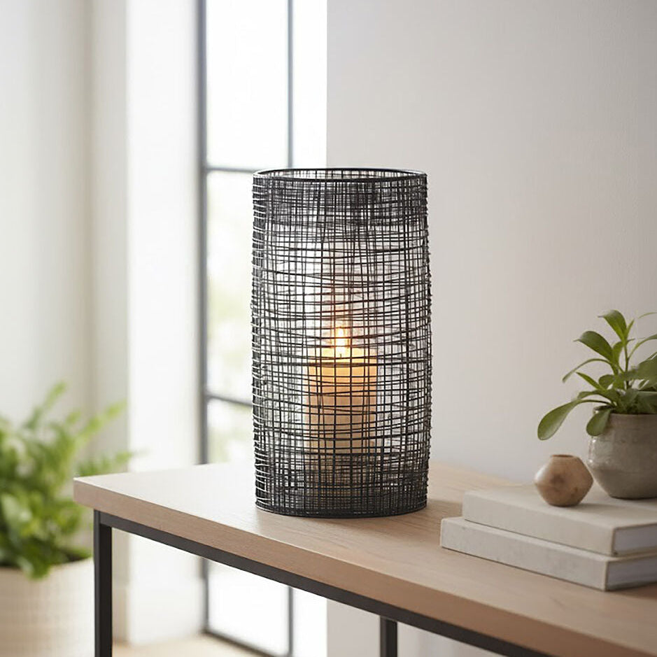 Large Black Woven Wire Candle Holder with Glass Insert | Trento
