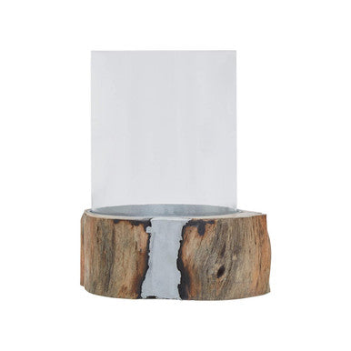 Almora Natural Acacia Wood Small Hurricane Candle Holder with Glass Insert