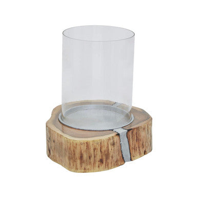 Almora Large Acacia and Glass Hurricane Candle Holder
