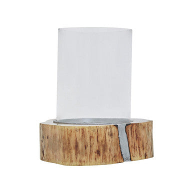 Almora Large Acacia and Glass Hurricane Candle Holder