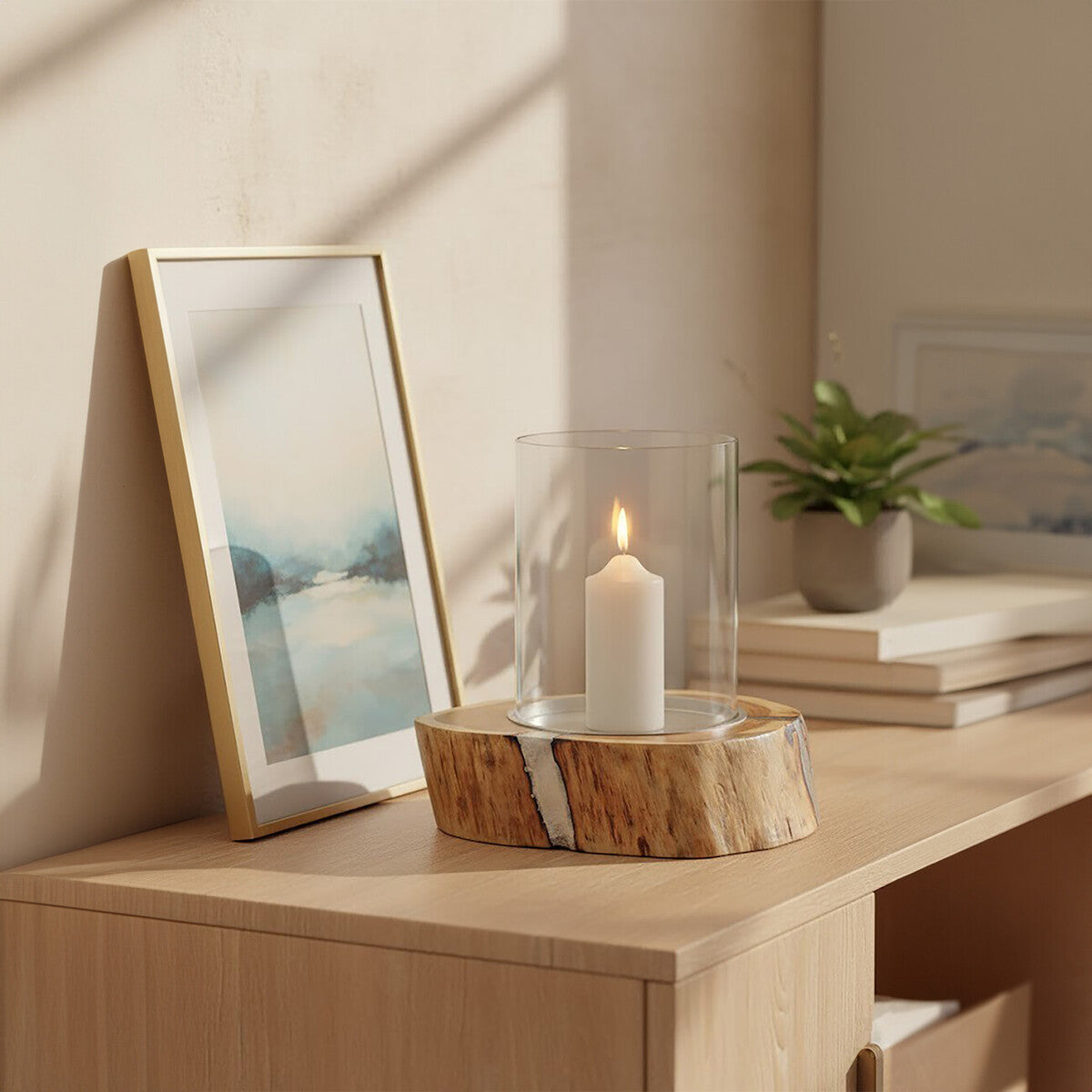 Almora Natural Acacia Wood Large Hurricane Candle Holder with Glass Insert