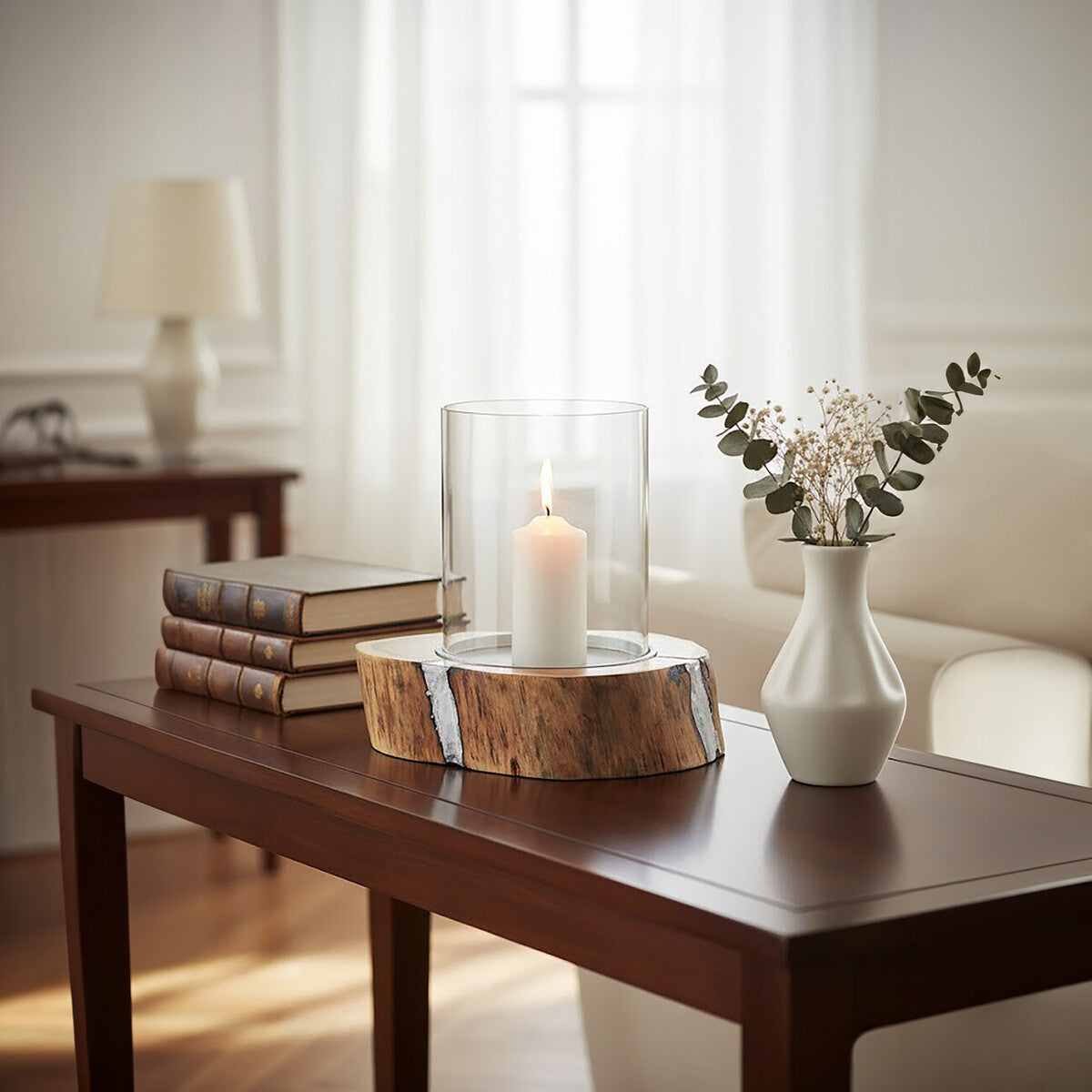 Almora Natural Acacia Wood Large Hurricane Candle Holder with Glass Insert