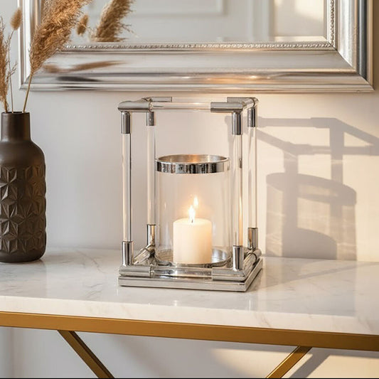 Small Candle Holder in  Silver Finish and Acrylic | Lucita