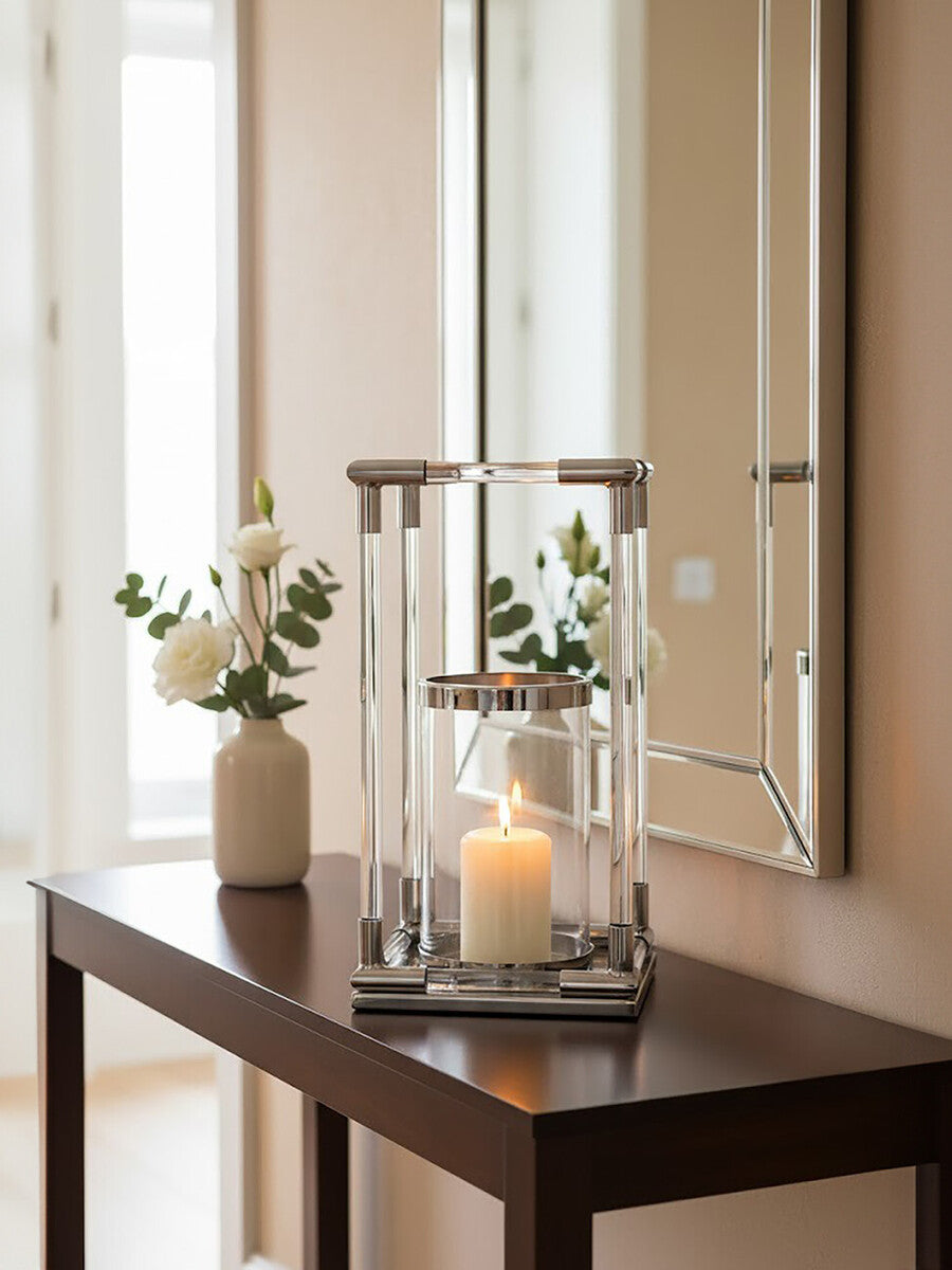 Large Candle Holder in Silver Finish and Acrylic | Lucita