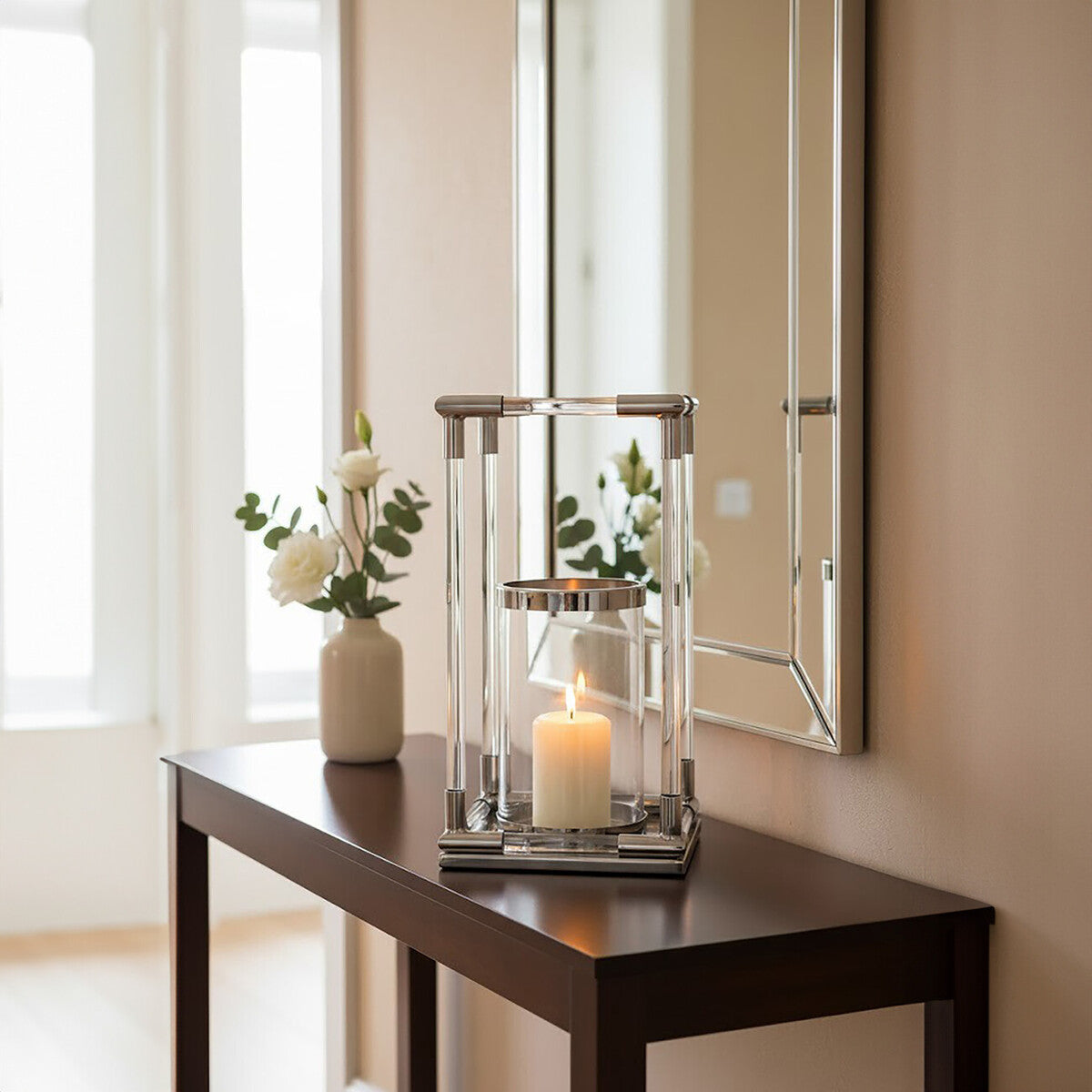 Large Candle Holder in Silver Finish and Acrylic | Lucita