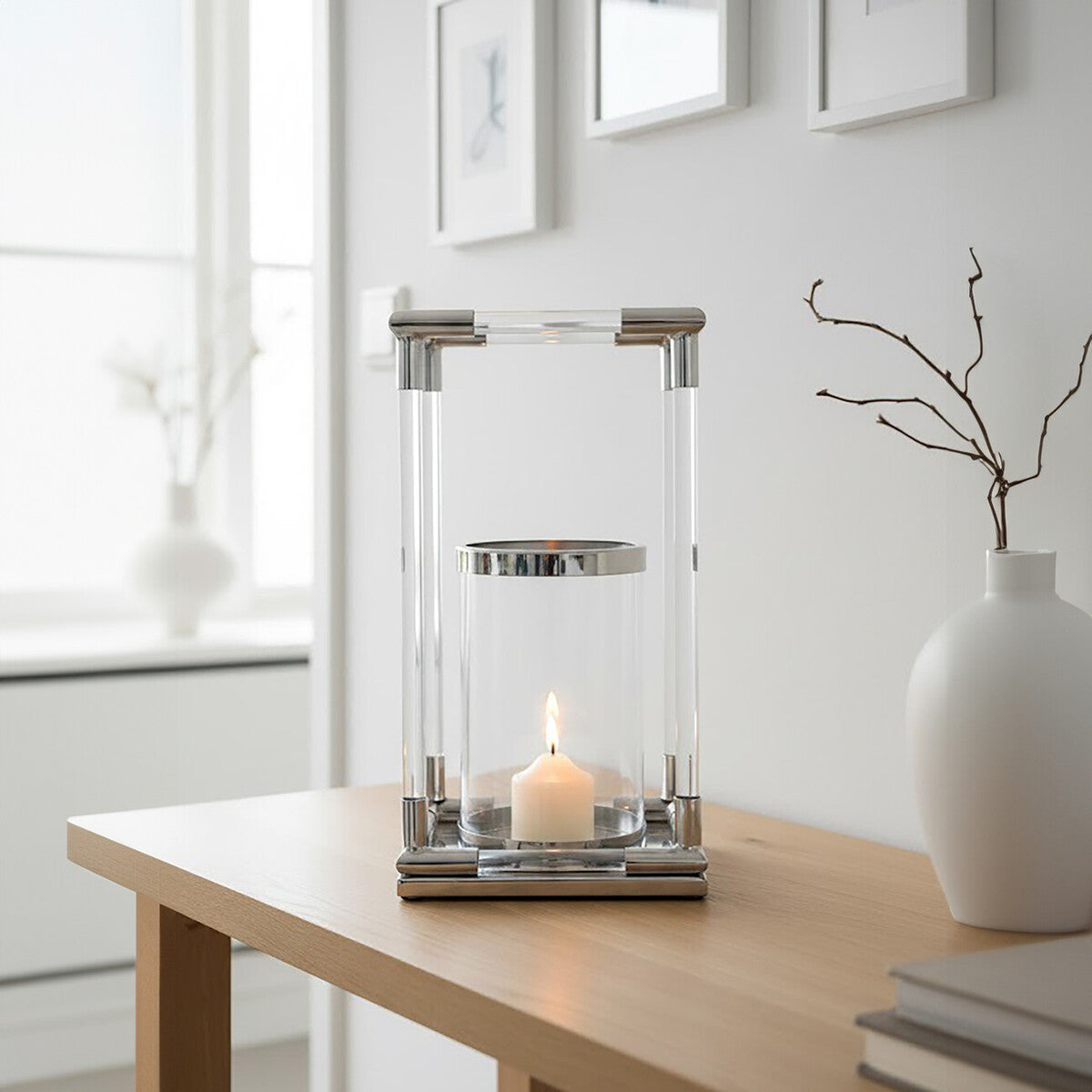 Large Candle Holder in Silver Finish and Acrylic | Lucita