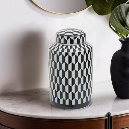 Marlo Small Black And White Geometric Print Ceramic Jar