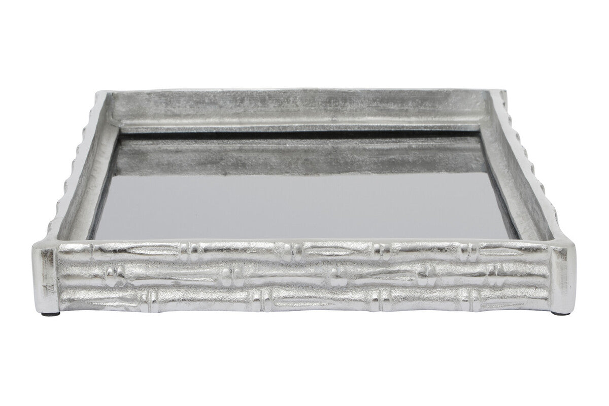 Hiba Silver Finish Bamboo Effect Mirrored Tray