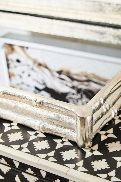 Hiba Silver Finish Bamboo Effect Mirrored Tray