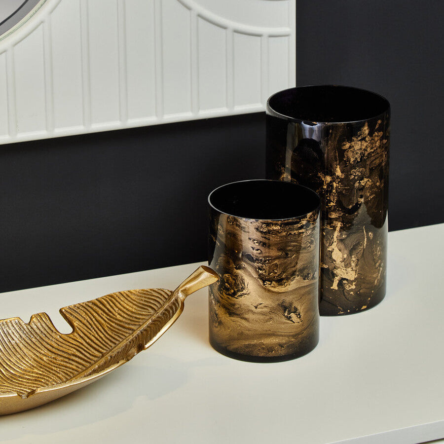 Gaia Black And Gold Marble Effect Small Candle Holder