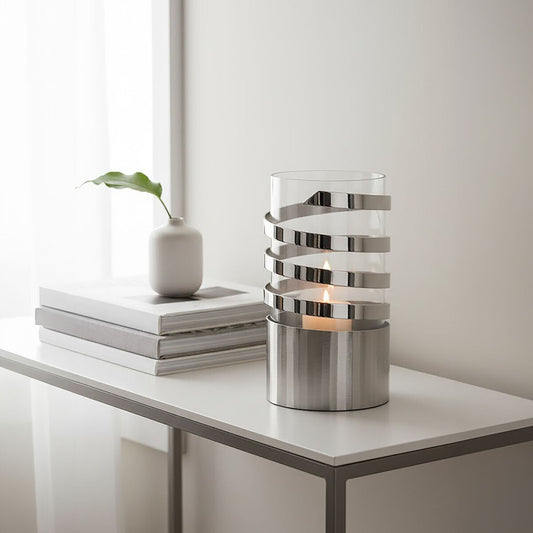 Amreli Silver Metal and Glass Small Hurricane Candle Holder with Spiral Design