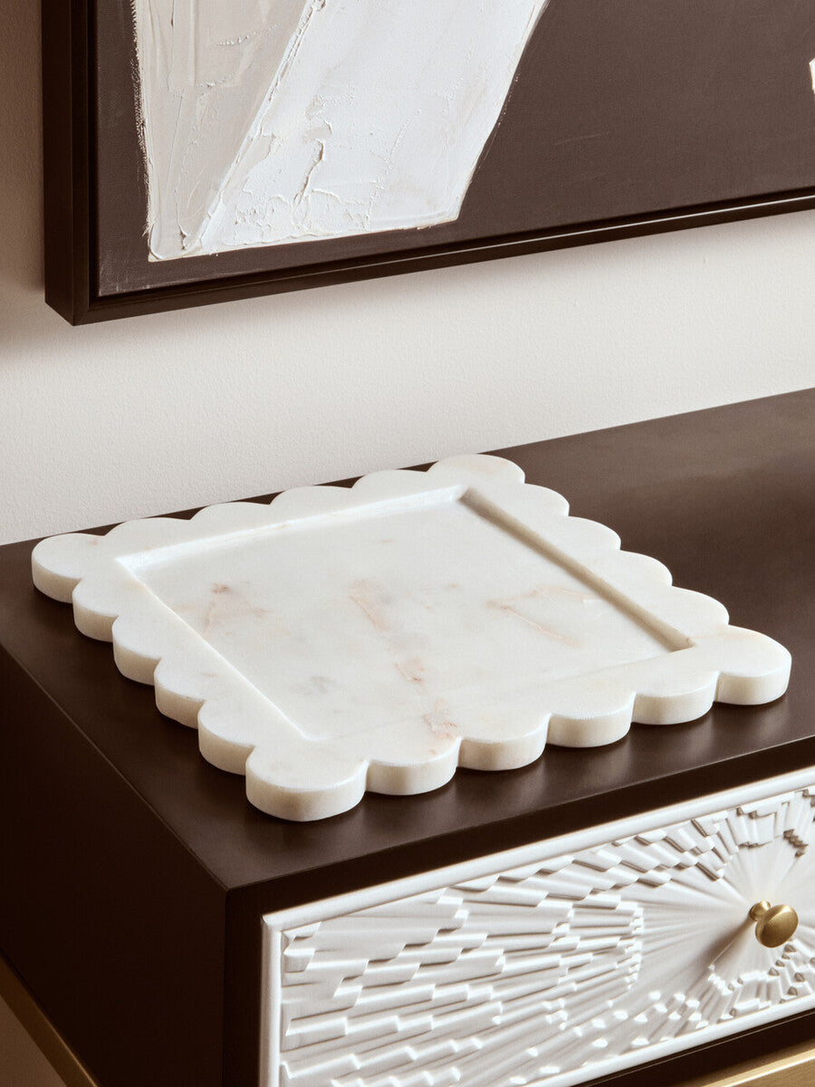 Savio White Marble Square Large Tray With Scallop Edges