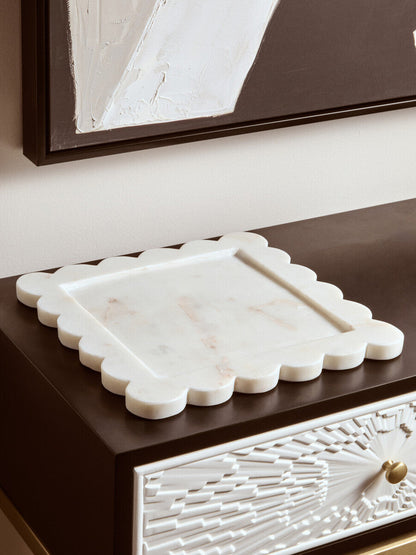Savio White Marble Square Large Tray With Scallop Edges
