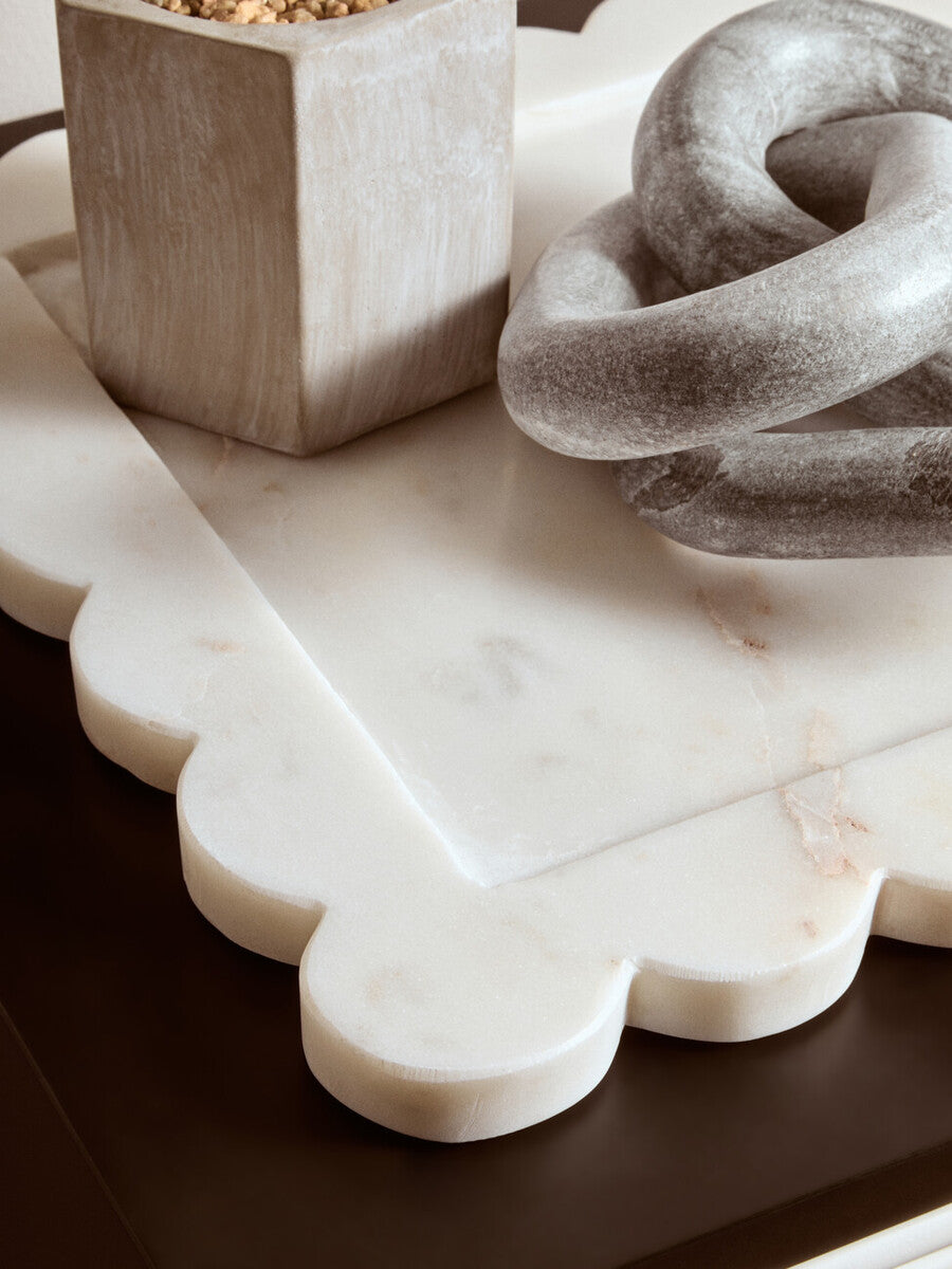 Savio White Marble Square Large Tray With Scallop Edges